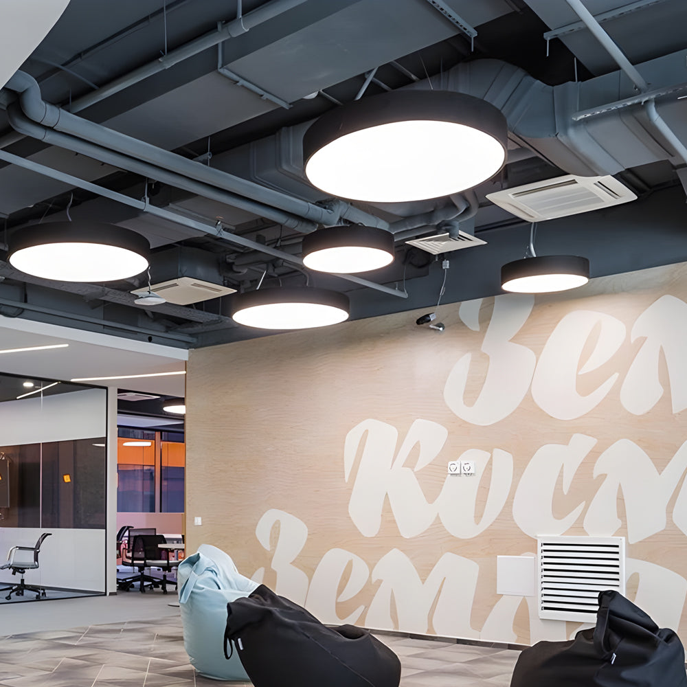 Round LED pendant light for office with iron frame and acrylic shade