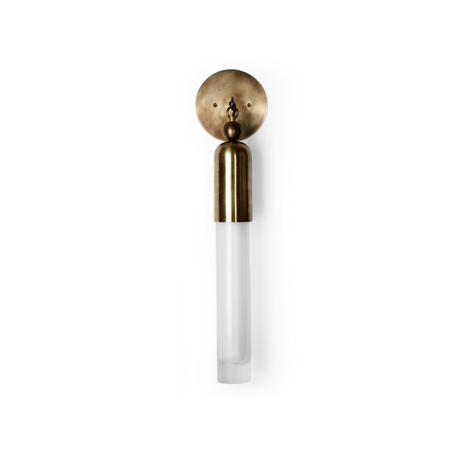 Modern brass wall lamp with glass shade, front view