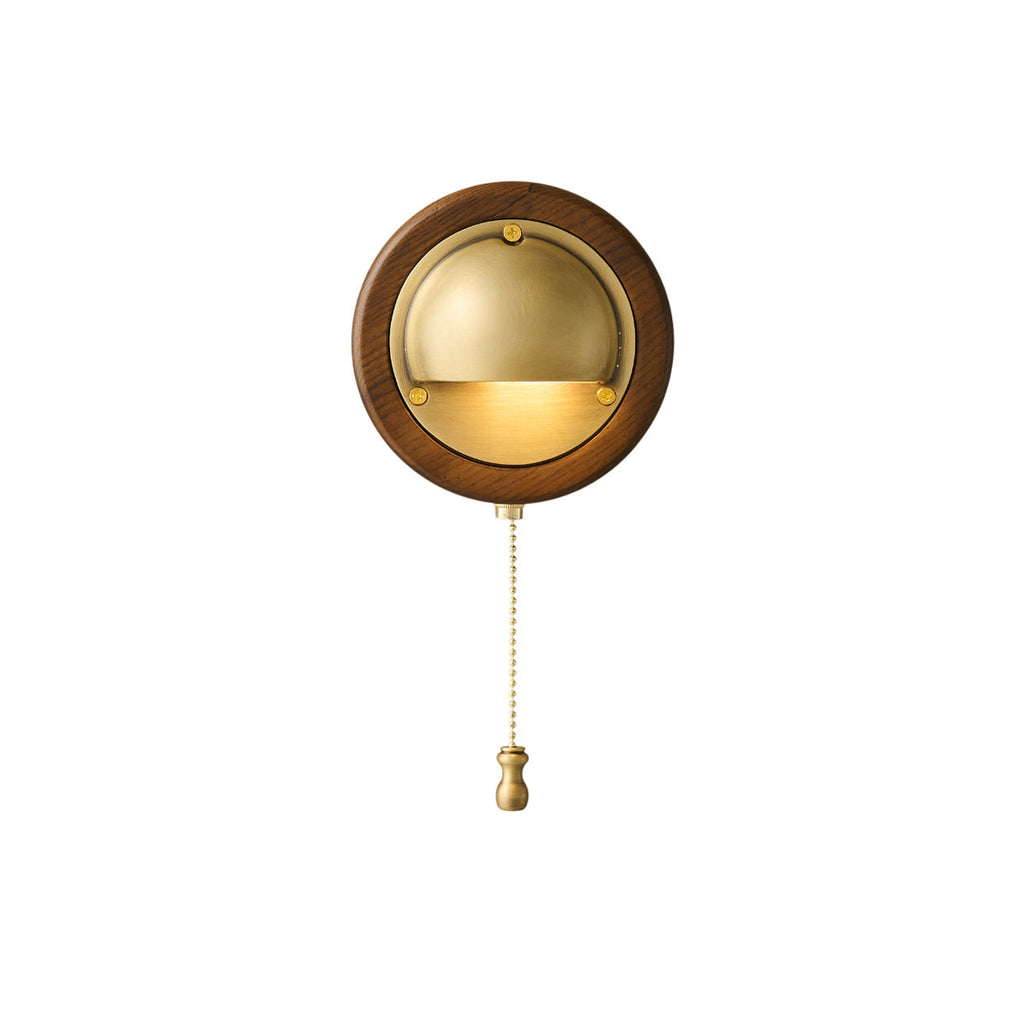 Ash wood wall sconce with brass shade and pull cord switch