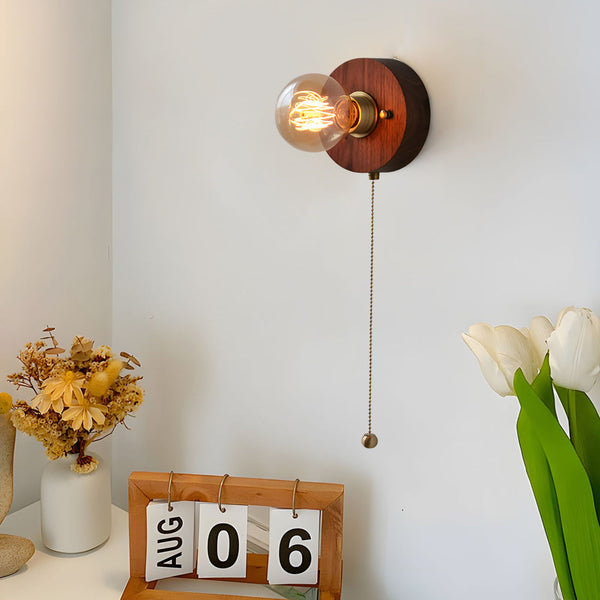 Round Square Vintage Walnut Wood Wall Lamp 1 Light With Pull Chain Switch