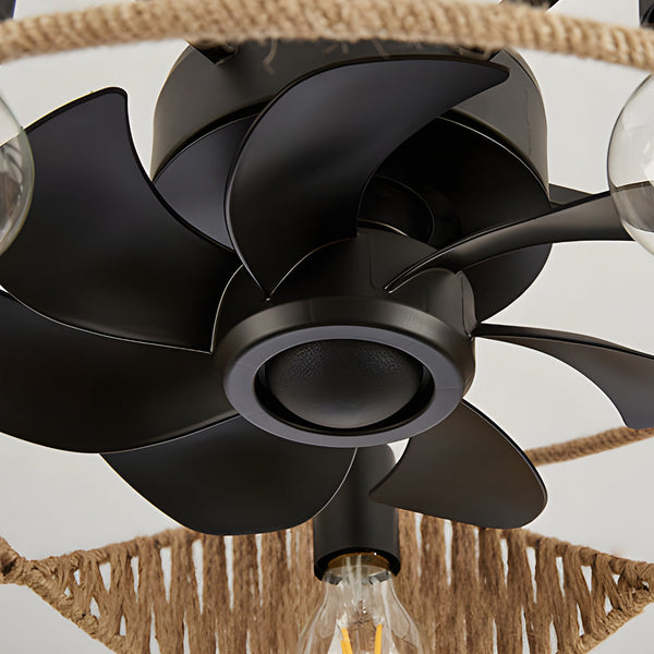 20 In Hemp Rope Woven Caged Ceiling Fan With Light And Remote 6 Speed