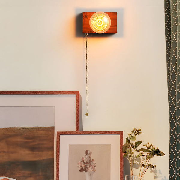 Round Square Vintage Walnut Wood Wall Lamp 1 Light With Pull Chain Switch