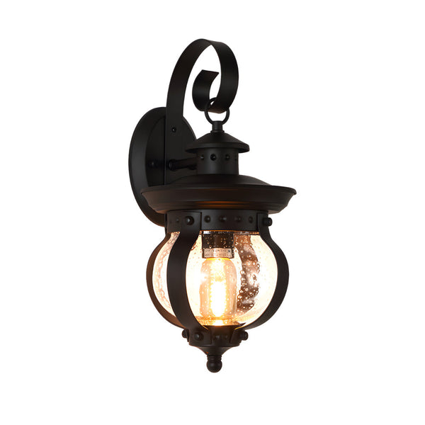 1 Light Seeded Glass Globe Led Outdoor Wall Lantern With Curved Arm