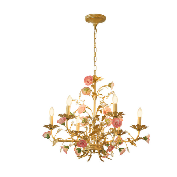 French Luxury Ceramic Pink Roses Chandeliers 6 8 Light Candlelight Pastoral Charm