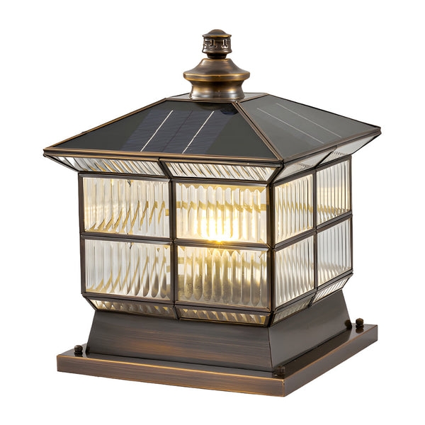 Square Bronze Hardwired Solar Pillar Lamp Fence Post Light With 3 Step Dimming