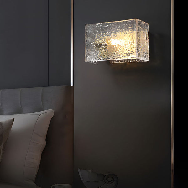 Elegant Rectangular Ripple Glass Bedside Wall Lamp Modern Brass Fixture