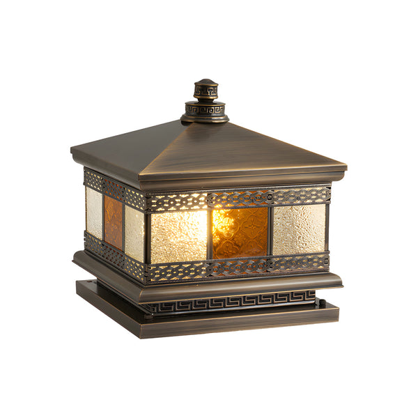 European Square Hardwired Solar Copper Outdoor Column Light With Glass Shade Bronze