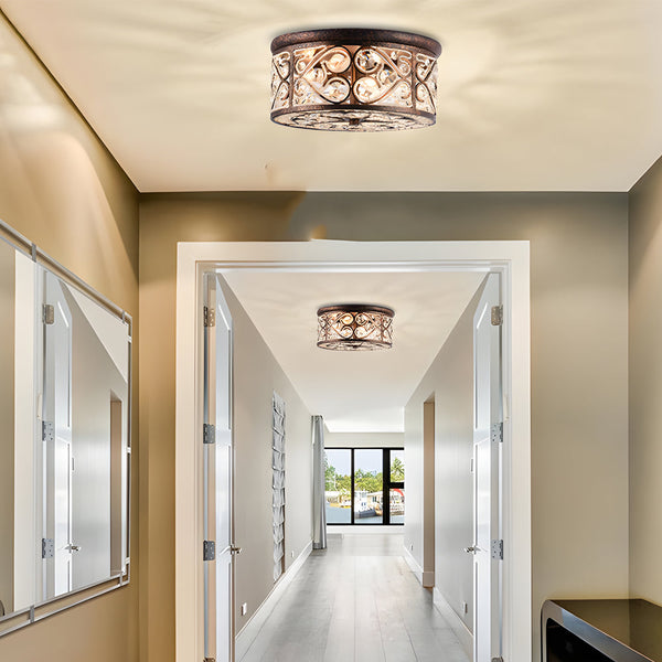 American 13 In Drum Bronze Crystal Flush Mount Ceiling Lights