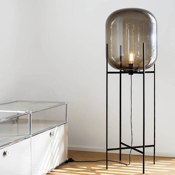 Industrial Standing Metal And Hand Blown Glass Floor Lamp
