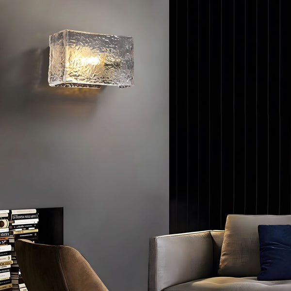 Elegant Rectangular Ripple Glass Bedside Wall Lamp Modern Brass Fixture