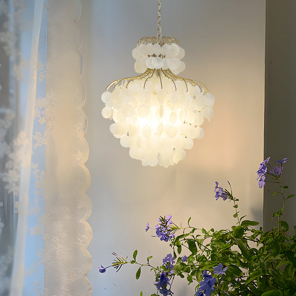 Tiered Capiz Shell Chandelier Elegant French Style Hanging Lighting