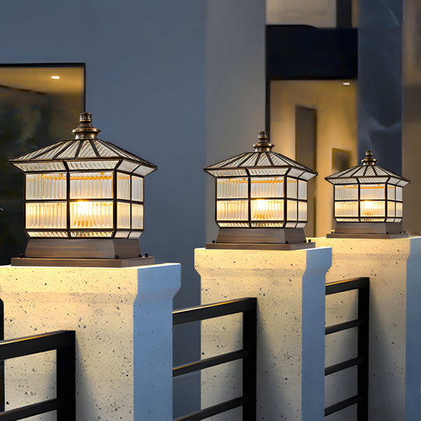 Square Bronze Hardwired Solar Pillar Lamp Fence Post Light With 3 Step Dimming