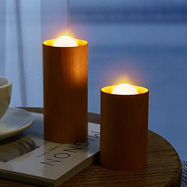 Candlelight Ambient Wood Cylinder Accent Led Table Lamp