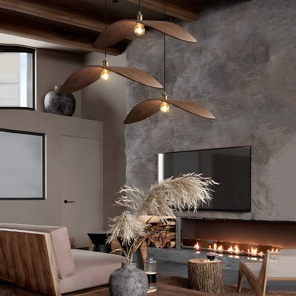 Wabi Sabi Walnut Bar Chandelier Leaf Curve Wooden Pendant Light