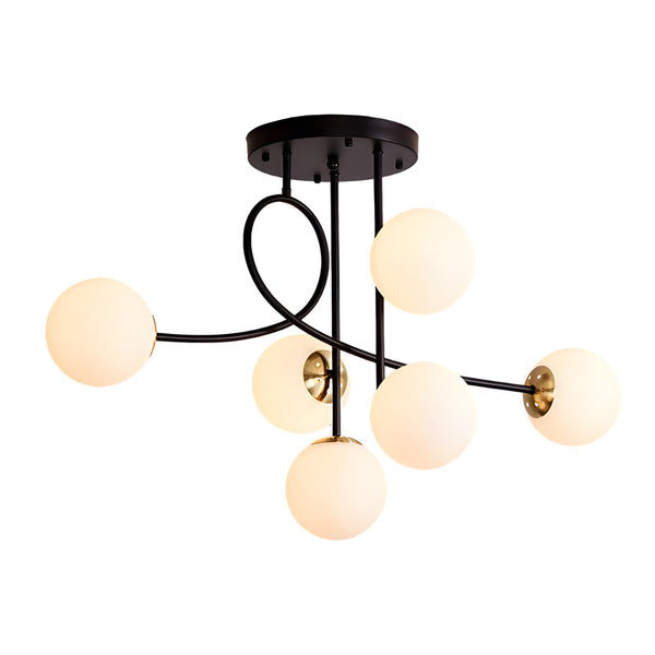 Modern 6 Light Gold Black Semi Flush Mount Chandelier With Glass Shade