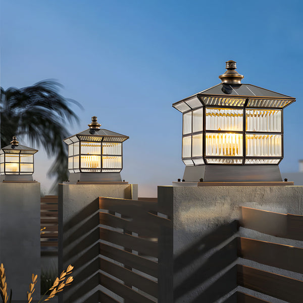 Square Bronze Hardwired Solar Pillar Lamp Fence Post Light With 3 Step Dimming