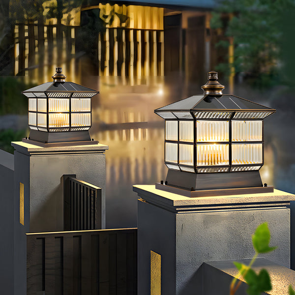 Square Bronze Hardwired Solar Pillar Lamp Fence Post Light With 3 Step Dimming