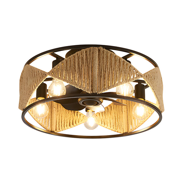 20 In Hemp Rope Woven Caged Ceiling Fan With Light And Remote 6 Speed