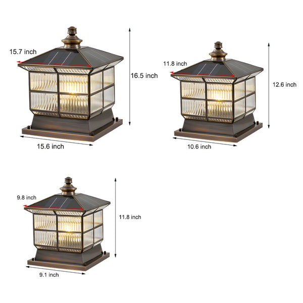 Square Bronze Hardwired Solar Pillar Lamp Fence Post Light With 3 Step Dimming