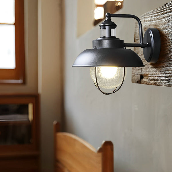 Nautical Black 1 Light Metal Cage Seeded Glass Outdoor Wall Light