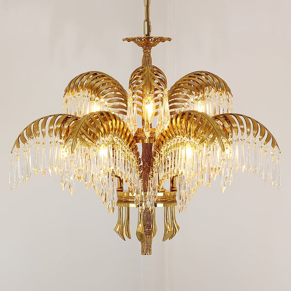 Brass Palm Leaf Crystal Chandelier