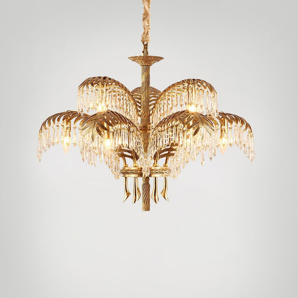 Brass Palm Leaf Crystal Chandelier
