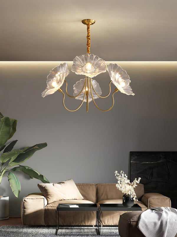 Lotus Leaf Glass Chandelier, Gold Metal 3 or 6 Head Pendant Light for Dining Room and Living Room