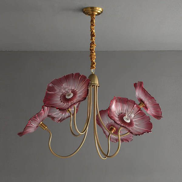 Lotus Leaf Glass Chandelier, Gold Metal 3 or 6 Head Pendant Light for Dining Room and Living Room