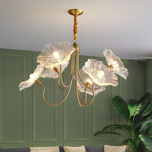 Lotus Leaf Glass Chandelier, Gold Metal 3 or 6 Head Pendant Light for Dining Room and Living Room