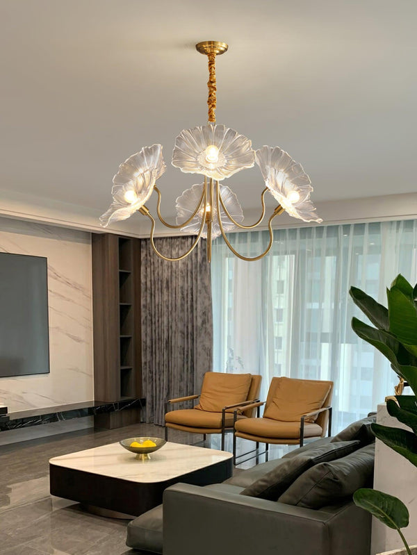 Lotus Leaf Glass Chandelier, Gold Metal 3 or 6 Head Pendant Light for Dining Room and Living Room