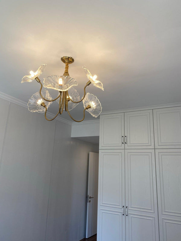 Lotus Leaf Glass Chandelier, Gold Metal 3 or 6 Head Pendant Light for Dining Room and Living Room