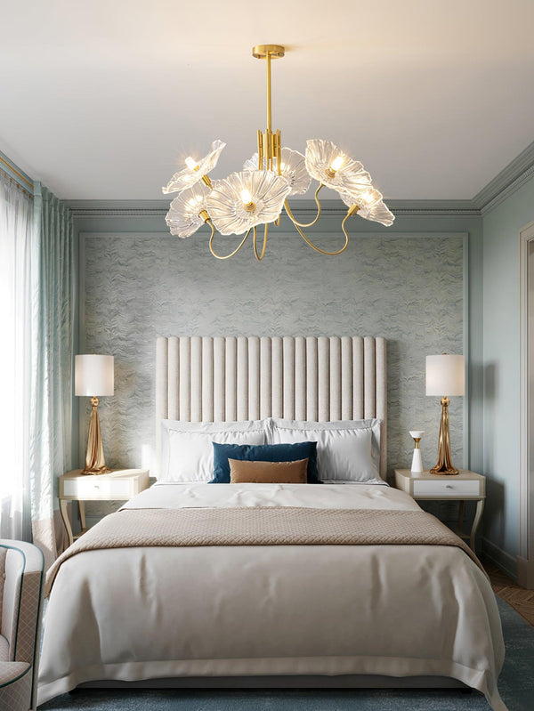 Lotus Leaf Glass Chandelier, Gold Metal 3 or 6 Head Pendant Light for Dining Room and Living Room