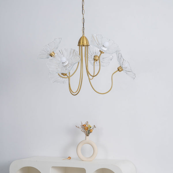 Lotus Leaf Glass Chandelier, Gold Metal 3 or 6 Head Pendant Light for Dining Room and Living Room