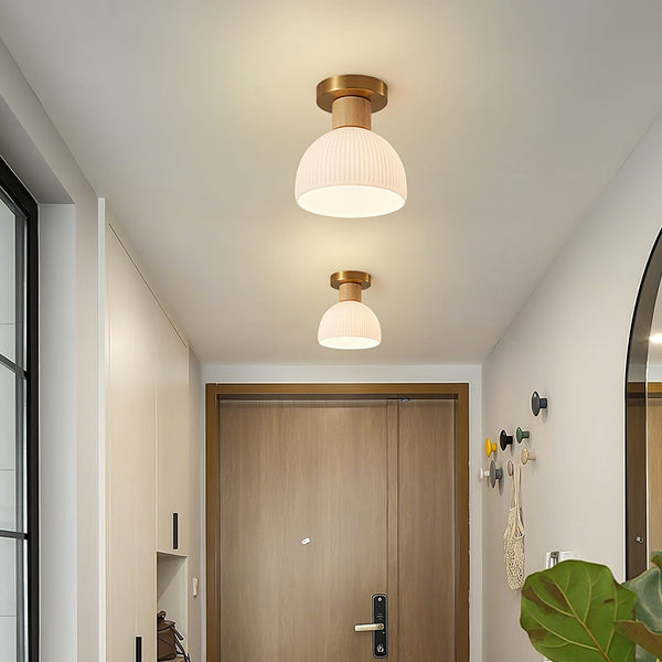 Horn Shaped Small Ceiling Lamp, Iron and Wood Flush Mount for Bedroom and Hallway