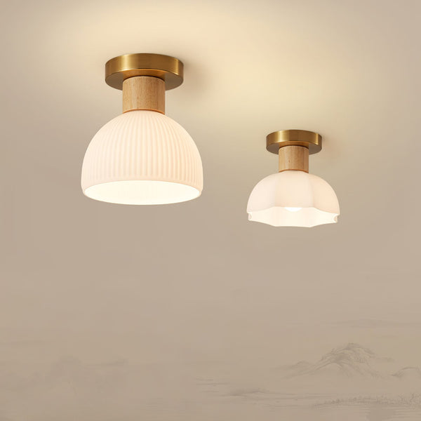 Horn Shaped Small Ceiling Lamp, Iron and Wood Flush Mount for Bedroom and Hallway