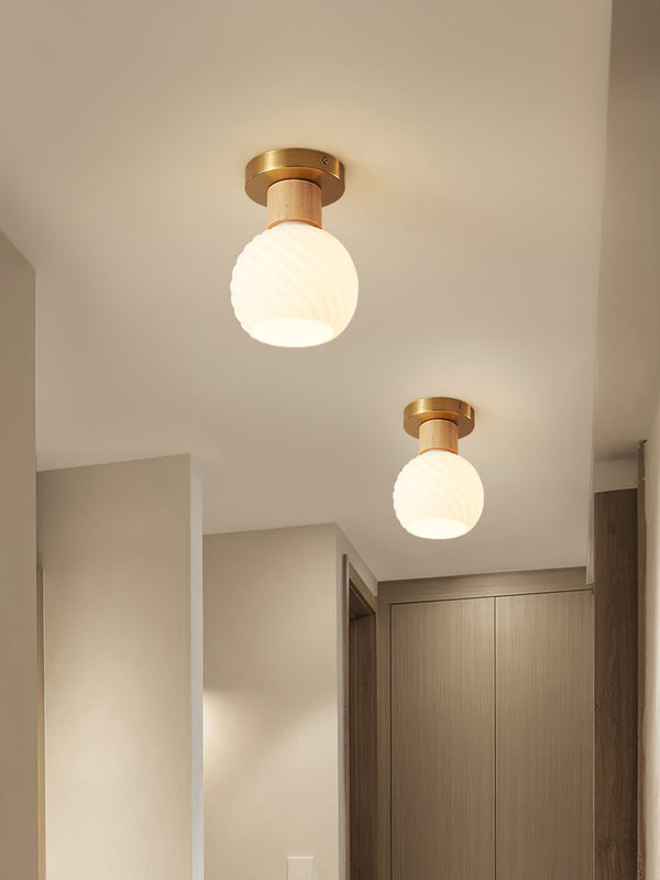Horn Shaped Small Ceiling Lamp, Iron and Wood Flush Mount for Bedroom and Hallway