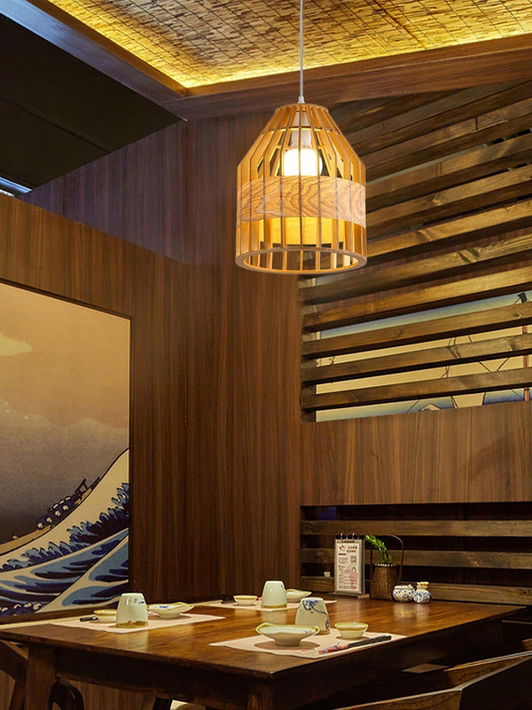 Japanese Wooden Bird Cage Pendant Light
