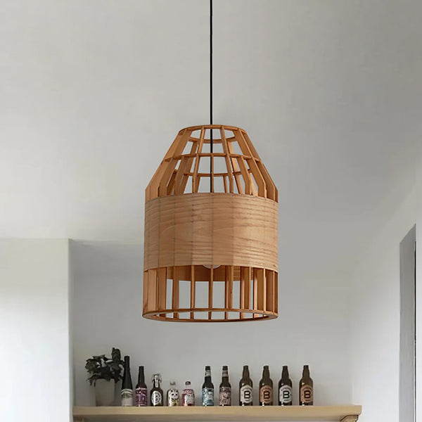 Japanese Wooden Bird Cage Pendant Light