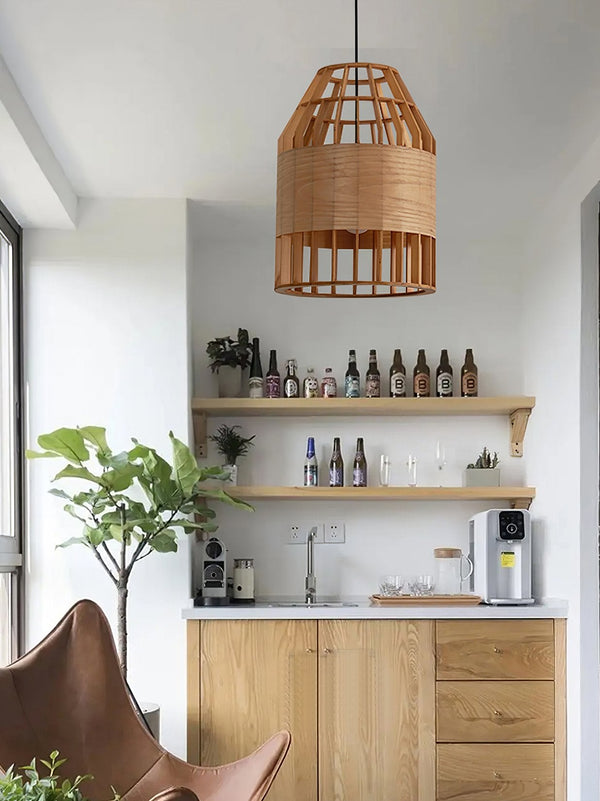 Japanese Wooden Bird Cage Pendant Light