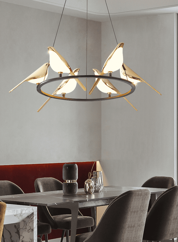 Modern Bird-Shaped LED Chandelier, 31.5-Inch Golden Aluminum & Acrylic Pendant Light for Dining Room and Foyer