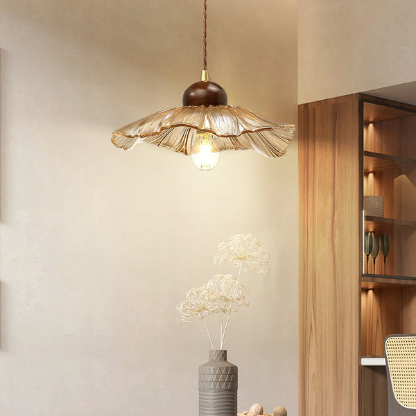 Ribbed Floral Pendant Light with Cognac Lotus Shade for Dining Room and Kitchen Island