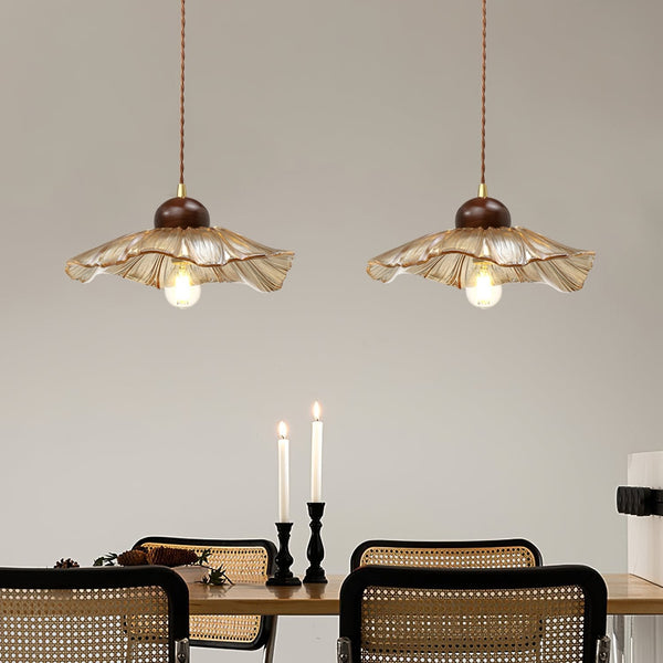 Ribbed Floral Pendant Light with Cognac Lotus Shade for Dining Room and Kitchen Island