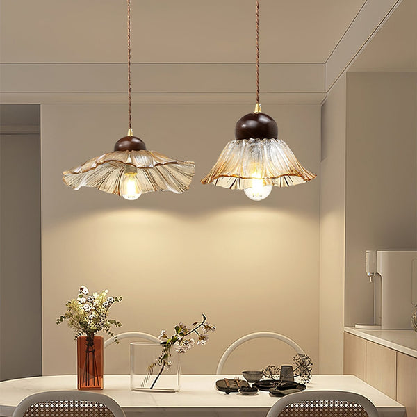 Ribbed Floral Pendant Light with Cognac Lotus Shade for Dining Room and Kitchen Island