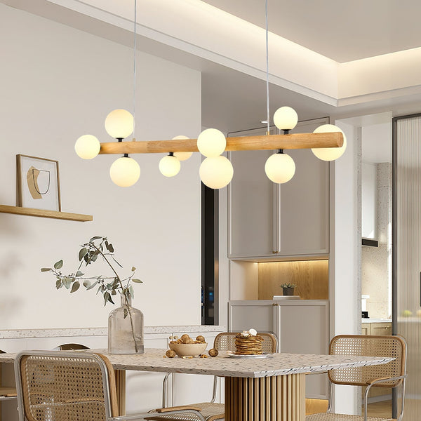 Spiral Glass Ball Chandelier with Wood Frame for Dining Room and Foyer