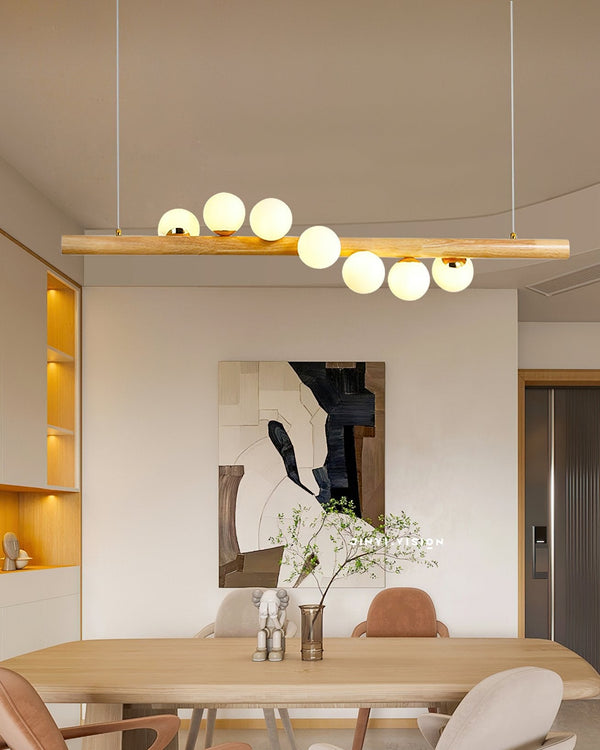 Spiral Glass Ball Chandelier with Wood Frame for Dining Room and Foyer