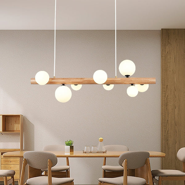 Spiral Glass Ball Chandelier with Wood Frame for Dining Room and Foyer
