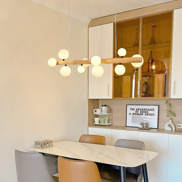 Spiral Glass Ball Chandelier with Wood Frame for Dining Room and Foyer