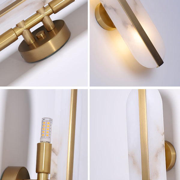 Alabaster Oval Wall Sconce with Brass Band, ADA Vertical or Horizontal Light for Bedroom and Hallway