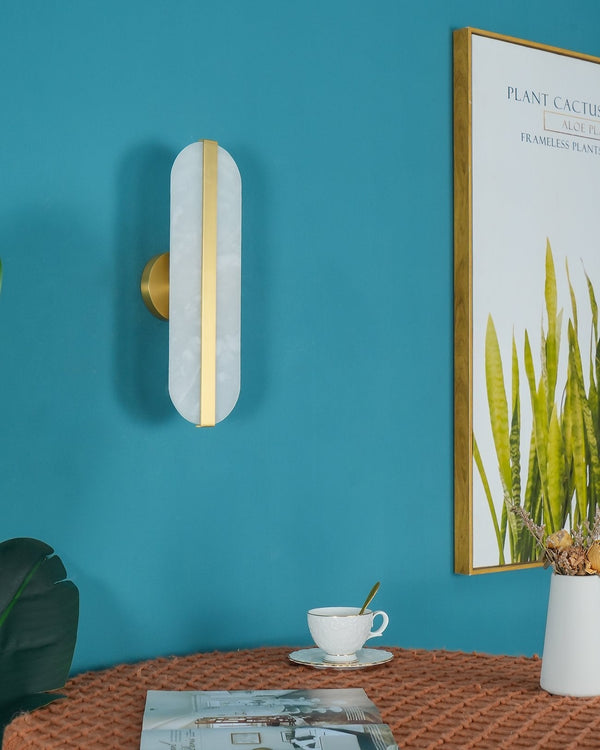 Alabaster Oval Wall Sconce with Brass Band, ADA Vertical or Horizontal Light for Bedroom and Hallway