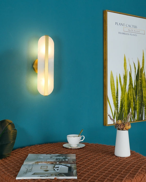 Alabaster Oval Wall Sconce with Brass Band, ADA Vertical or Horizontal Light for Bedroom and Hallway